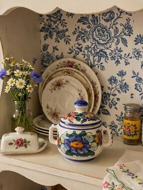 Greece Pottery Floral Lidded Canister Handles Covered Dish